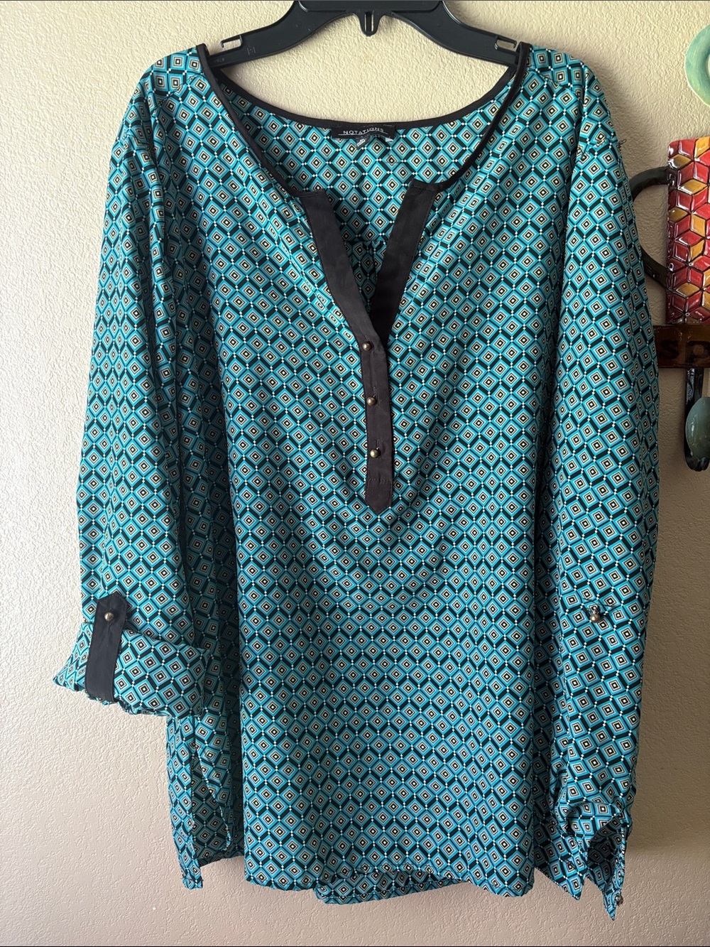 Notations Teal Geometric Henley Tunic with Black Trim